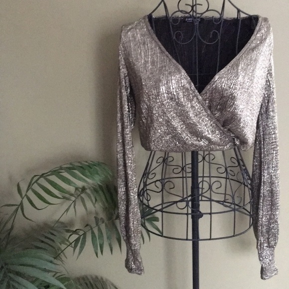 🥀DONATING 12/30 Long Sleeve Metallic Crop Top Deep V - Picture 2 of 7